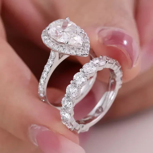 Pear Cut Ring Set round set Accent Halo